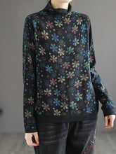 Women Retro High Collar Printed Loose Bottoming Sweater